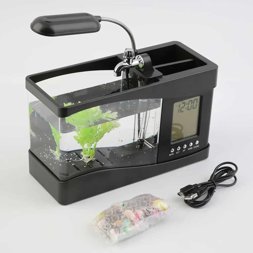 1PCDC 5V USB Desktop Mini Fish Tank Aquarium LCD Timer Clock LED Lamp Light Black Color 24 * 10 14cm | Дом и сад