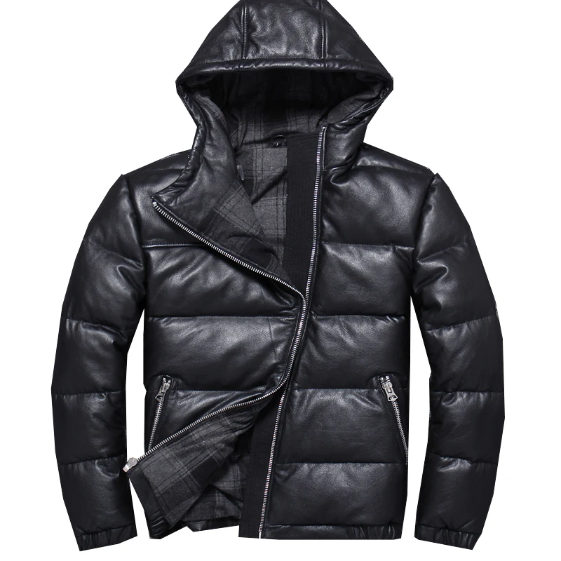 

Down Genuine Cowhide Jacket Men's Leather Jacket Hooded Wind-Resistant Self-Cultivation Youth Winter Leather Jacket