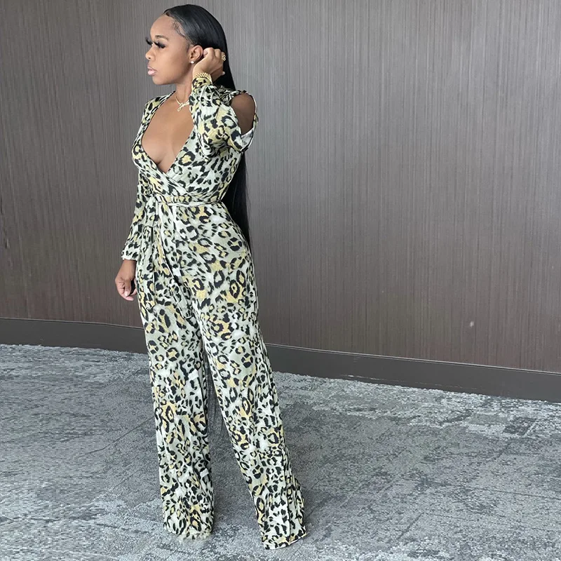 

Женский комбинезон с леопардовым принтом, с V-образным вырезом и длинным рукавом, Осень-зима 2020