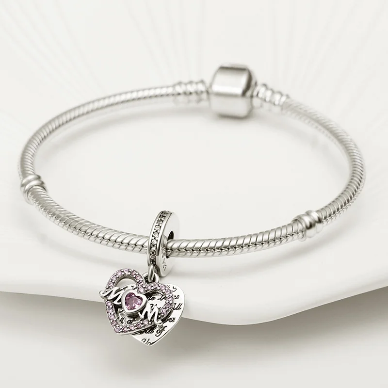 

New Fits Original Pandora Bracelet Necklace Zircon Heart-Shaped Edge And English plate plata de ley Charm Woman DIY Jewelry Gift