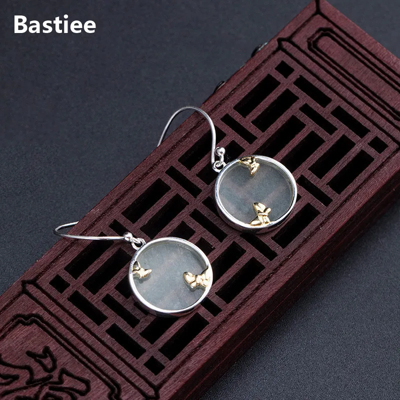

Bastiee Jade Round Drop Earrings 925 Sterling Silver Jewelry For Women Dangle Earings Butterfly Chinese Vintage Jewellery