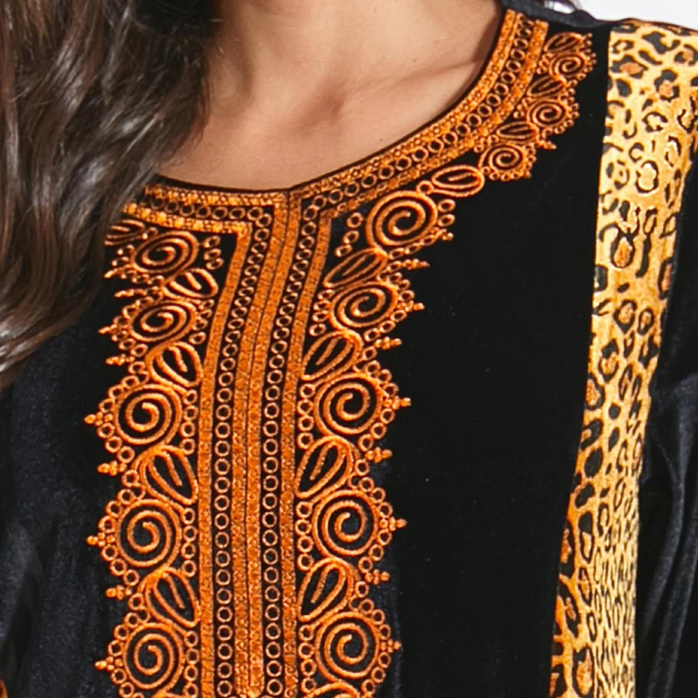 

Leopard Printed Long Dress Velvet Muslim Abaya Women Embroidery Long Sleeve Autumn Winter Arab Turkish Ethnic Vintage New