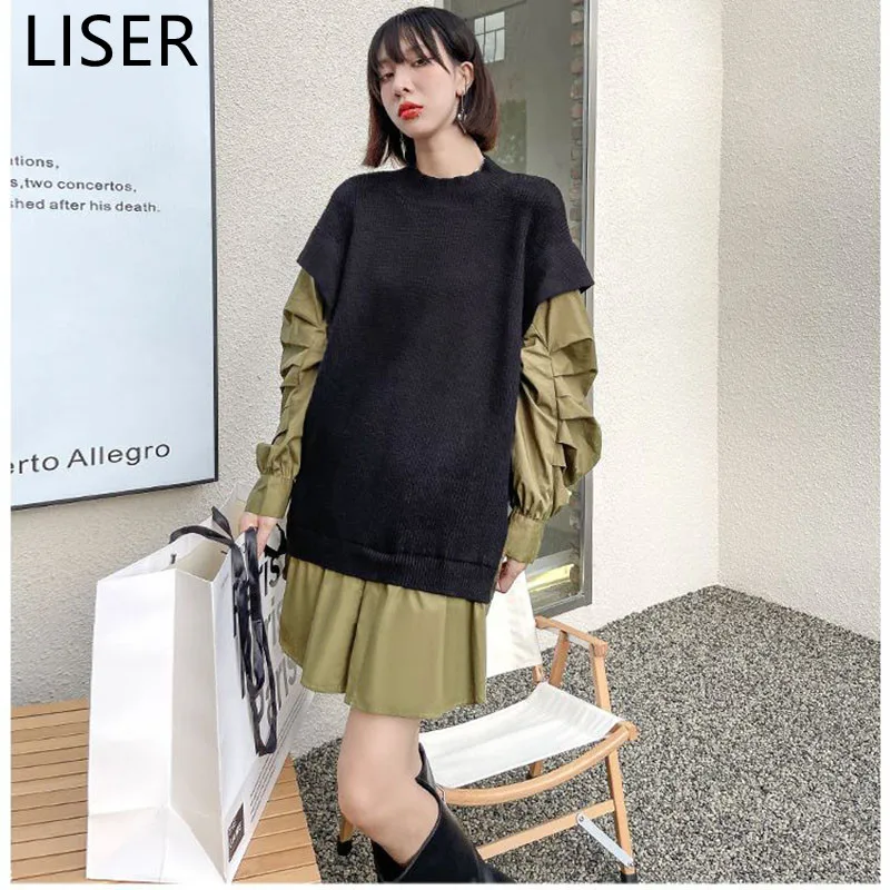 

2022 New Fake Two Piece Sweater Women Spring Autumn Loose And Thin Splicing Lining Blouse Niche Design Irregular Sweater LL463