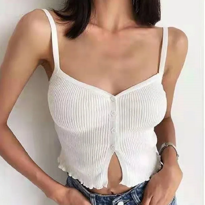 

Sexy V-Neck High-Waisted Slit Versatile Camisole 2021 Summer Women Female Sense Crop TOP Female Clothing