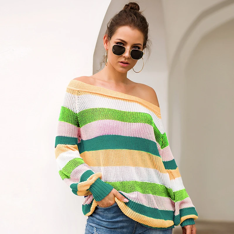 CHICEVER Autumn Striped Hit Color Off Shoulder Female Sweaters Jumper Slash Neck Lantern Sleeve Sweater Women Fashion New Korean | Женская