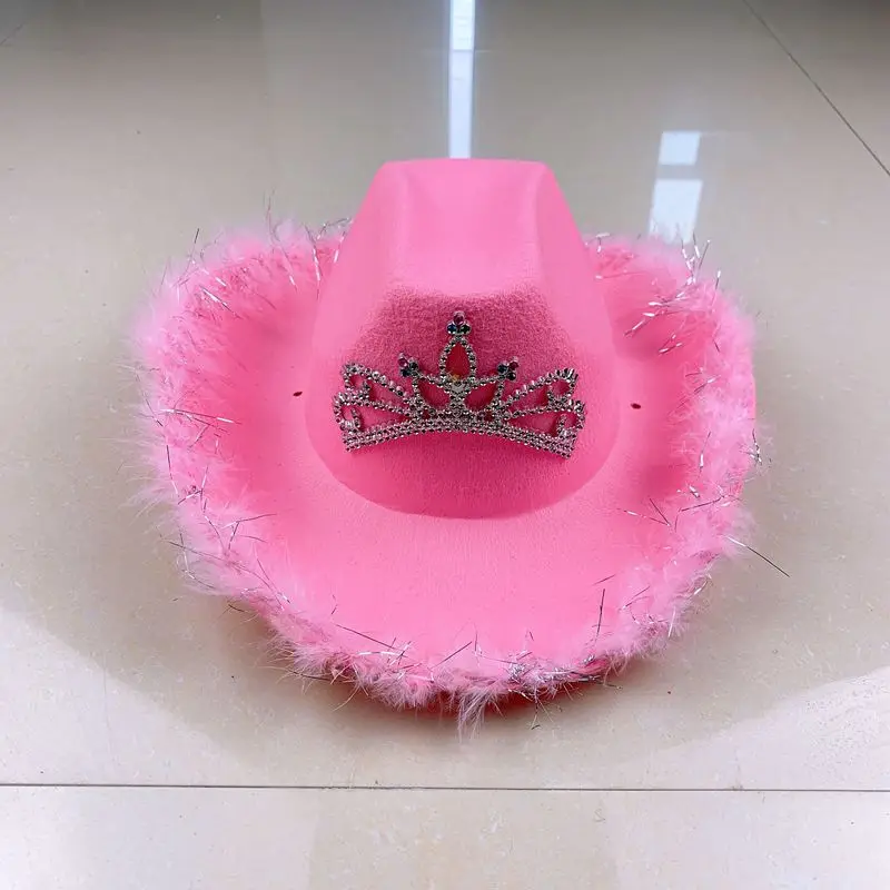 

Pink Tiara Cowgirl Hat for Women Girls Wide Brim Fedora Cowboy Cap Western Style Holiday Cosplay Party Hats
