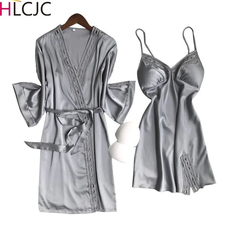 Женская пижама 2019 женский сексуальный комплект из шелкового халата и платья