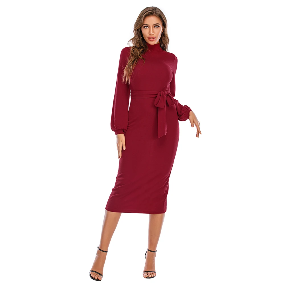 

NEW Autumn Elegant Party Woman Dress Solid Wine Red Pencil Turtleneck Sashes Dresses Woman