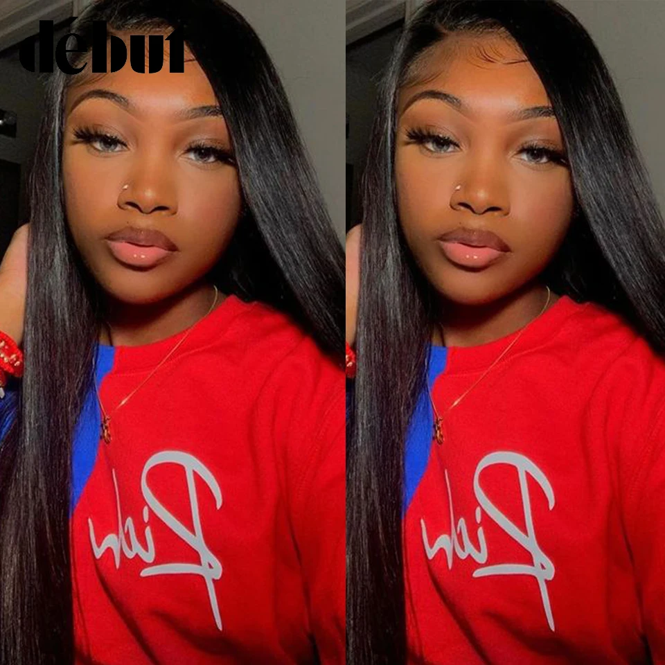Debut Lace Front Human Hair Wigs Brazilian Straight Remy Human Hair Wigs For Black Women 4x4 U Part 26 Inch Natural Black Wigs