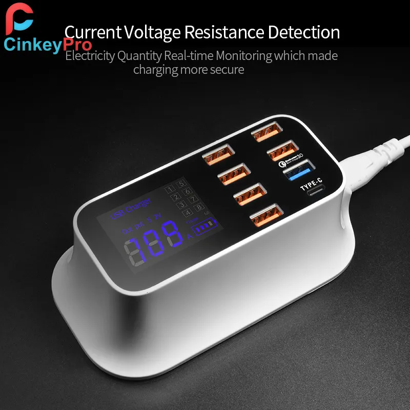 CinkeyPro LED дисплей 7 портов USB зарядное устройство с Type C для Samsung iPhone iPad планшет
