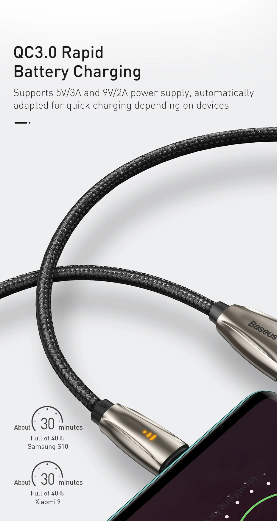 Baseus usb type-C кабель для Samsun S9 S10 Quick Charge 3,0 USB C кабель для Xiaomi Redmi Note 8 Pro светодиодный usb type USB-C провод