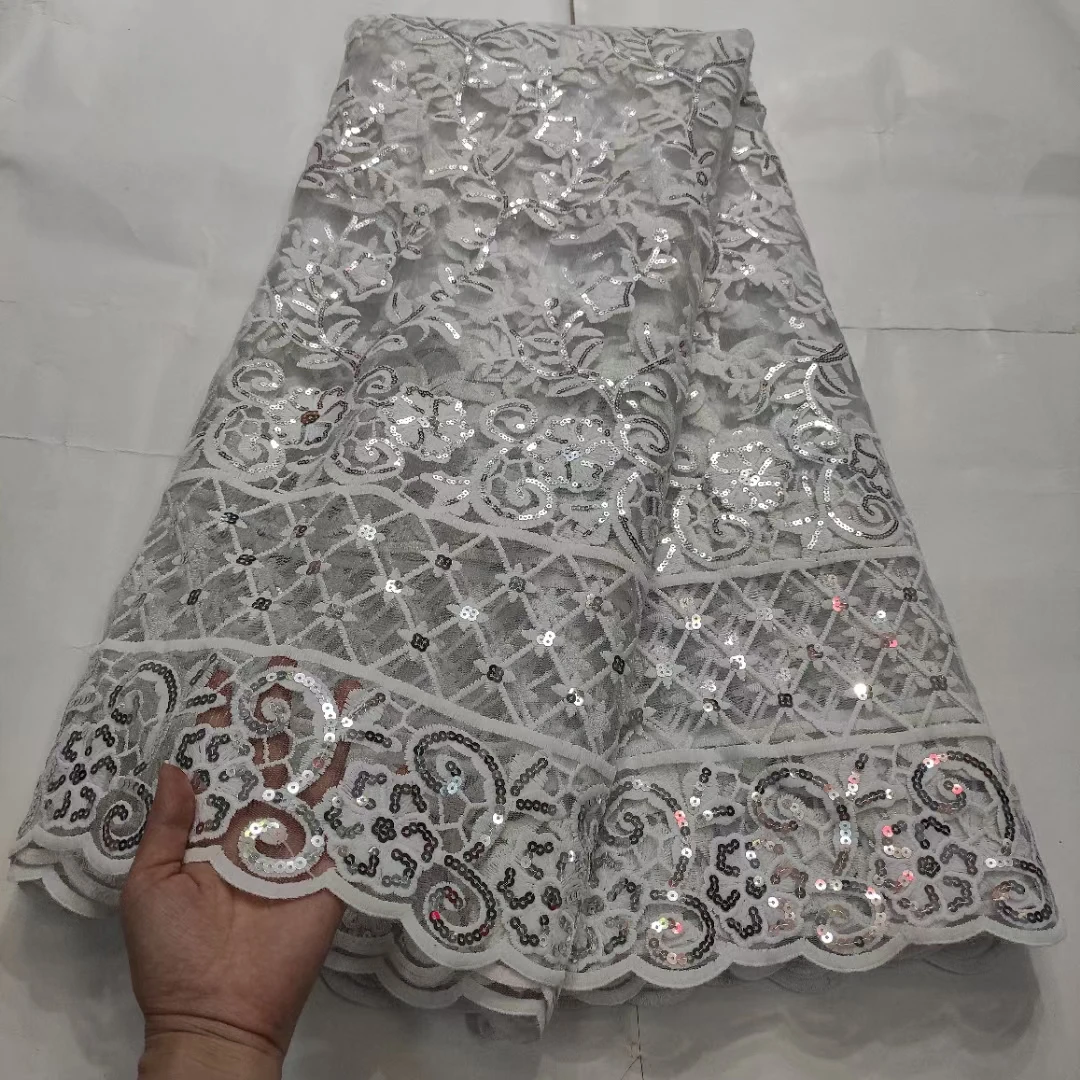 

Silver Sequence Nigerian Sequins Net Lace 2021 High Quality African Tulle Mesh Wedding Fabric For Dress