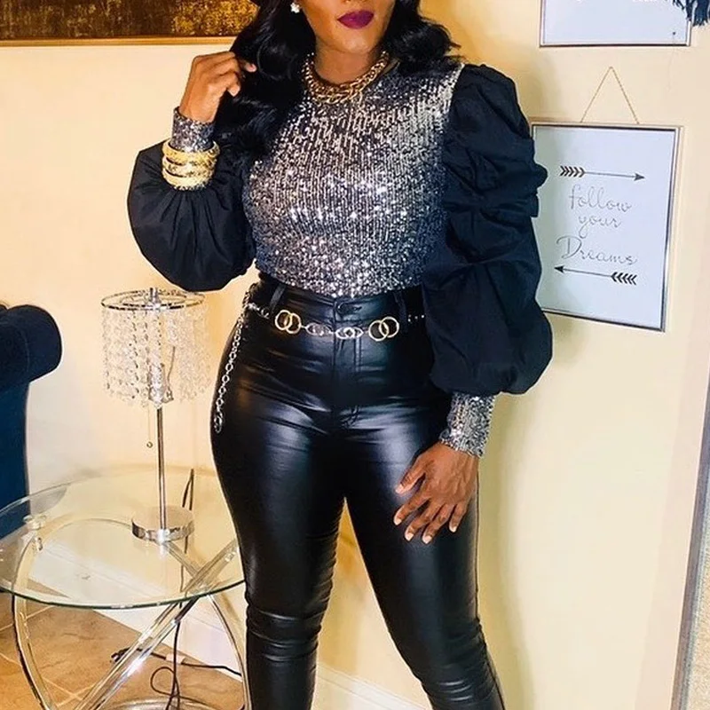 Женские пуловеры весна-осень 2020 рубашка с длинным рукавом буфами и блестками