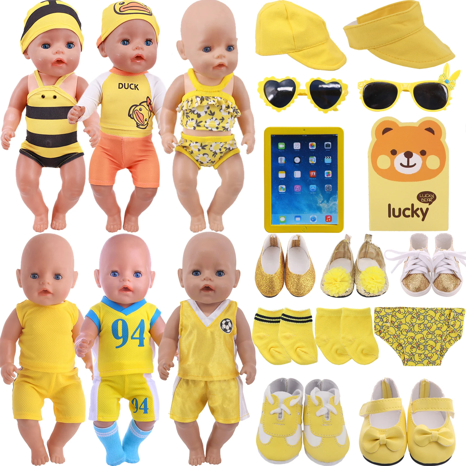 Doll Clothes Yellow Swimsuit,Sports Wear, Kitty Shoes For 18Inch Girl Of American&43 Cm Reborn Baby Doll Accessories,Generation