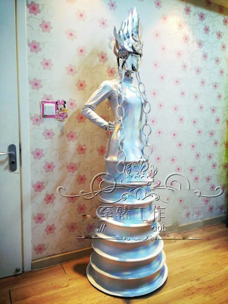 Серебряный костюм королевы космоса шляпа будущей технологии шоу сценическая