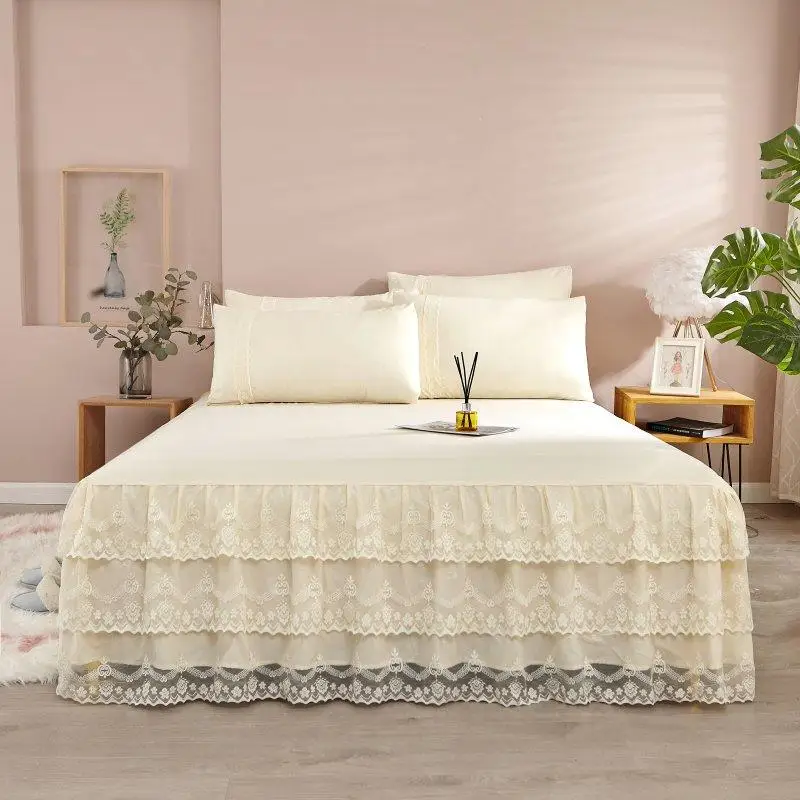 

Luxury Soild Princess Bed Skirt Pillowcase Bed Set Ruffle Three Layers Lace Bedspreads Sheet Soft Fitted Sheet Cover HomeTextile