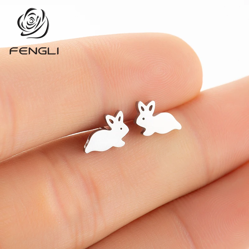 FENGLI милые серебряные кроличьи серьги из нержавеющей стали крошечное животное