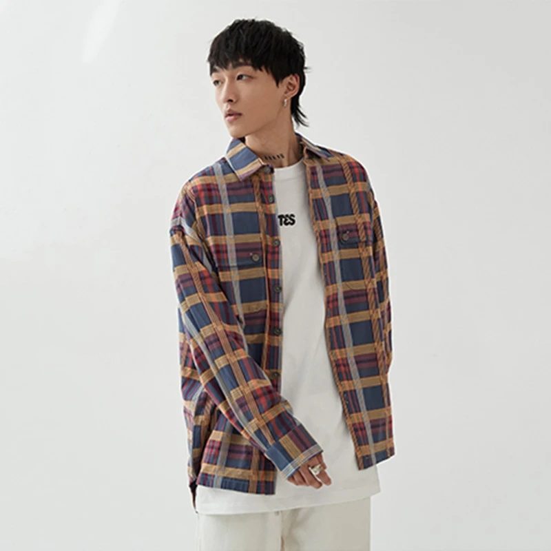 

RHYMONSTER Mens Harajuku Plaid Vintage Shirt 2021 Man Japanese Streetwear Pockets Shirts Long Sleeve Male Casual Button Up Shirt