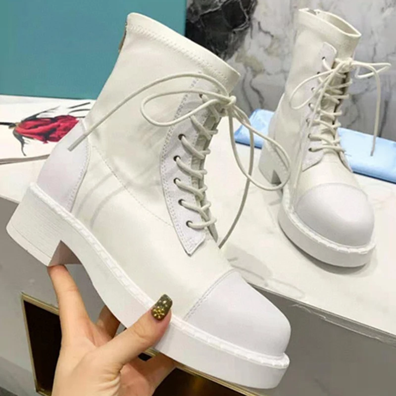Online Sepatu Bot Wanita Mode Baru Sepatu Bot Pertengahan Betis Kulit Asli Ritsleting Wanita Sepatu Bot Martin Renda Ujung Bundar Sepatu Bot Pendek Desain Mewah