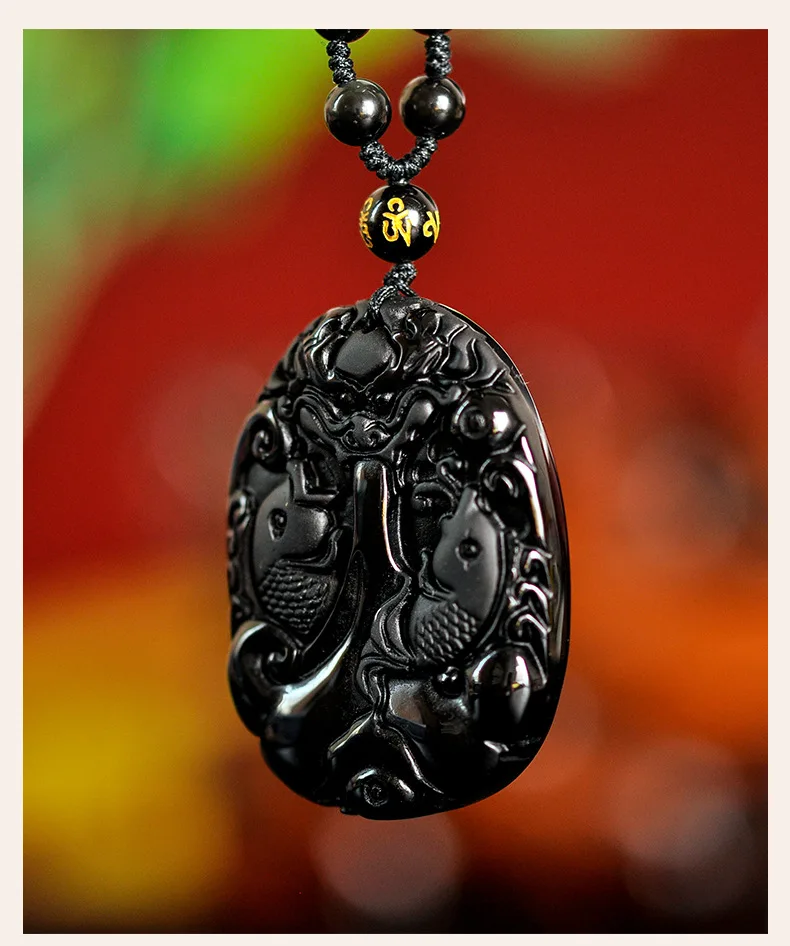 Натуральный черный обсидиан бусы ожерелье ручной работы Карп нефрит кулон Мода