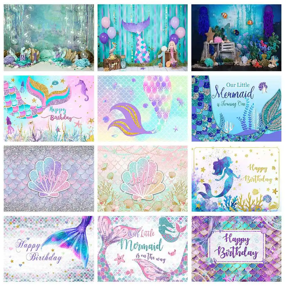 Mocsicka Mermaid Party Photo Background Baby 1st Birthday Cake Smash Photography Backdrops Underwater Shell Tail Photocall Props