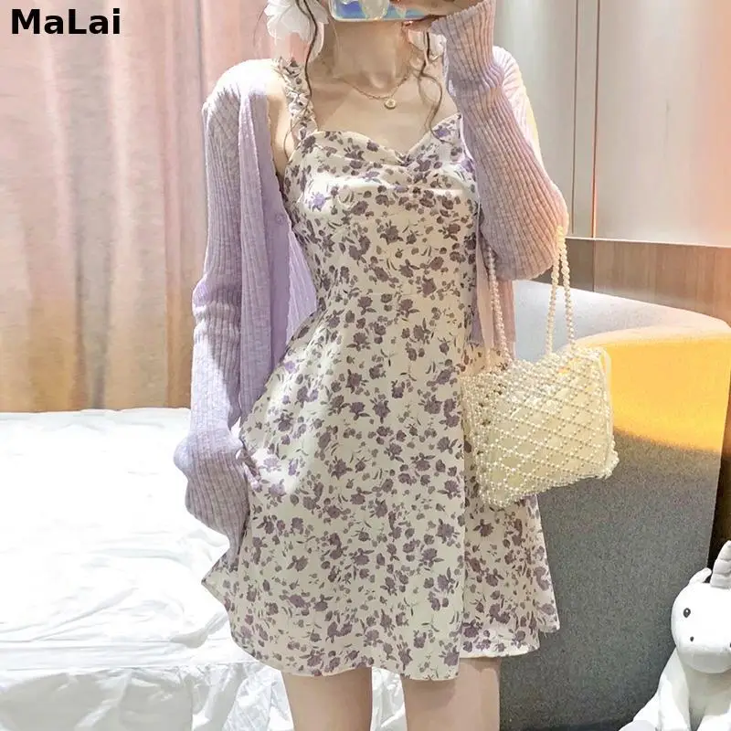 

Summer Elegant Floral Dress Women Sexy V-Neck French Vintage Strap Dress 2021 New Casual Chiffon Slim Sleeveless Y2k Party Dress