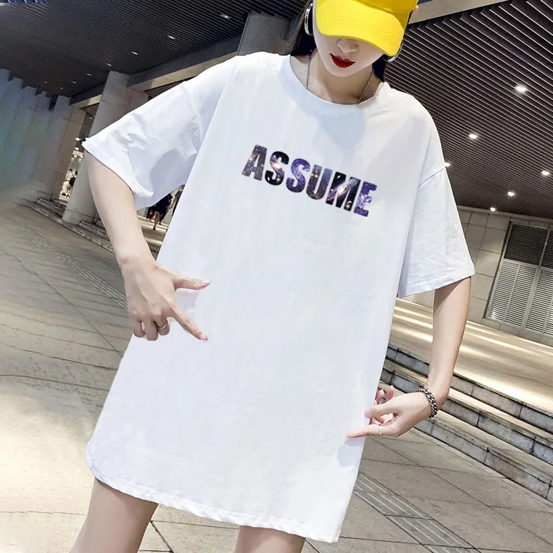 

Romantic Starry Sky Letter Print Dress Plus Size Party Club Women Dresses Loose Summer Short Sleeve Harajuku Mini T-Shirt Dress