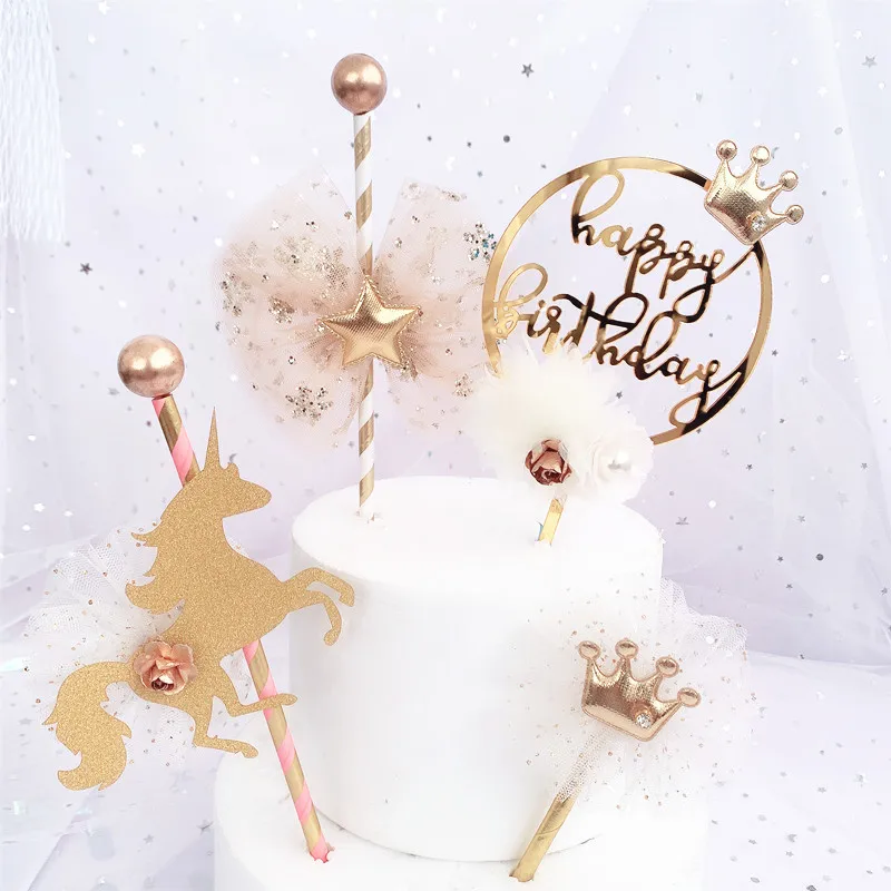 

Единорог акриловый Топпер для торта «С Днем Рождения» Набор Золотая Корона для капкейков Топпер Для детей день рождения торт украшения детский душ