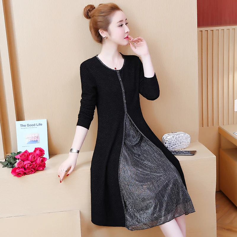 

L-5XL plus size women long sleeve patchwork dress autumn 2020 long sleeve o neck button casual office knee length dresses