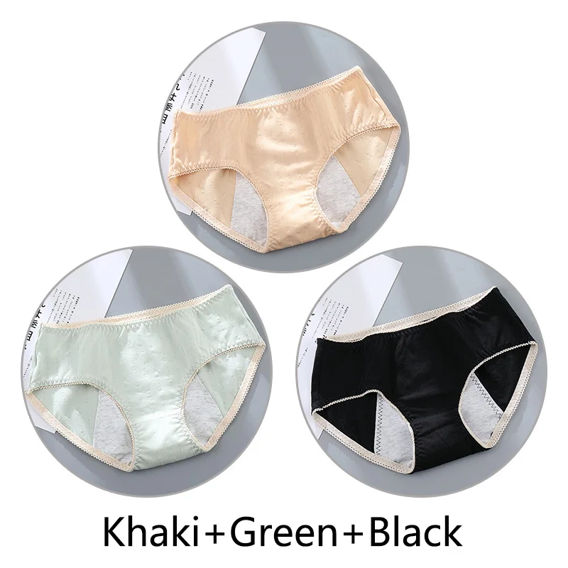 Khaki Green Black 3 шт. Женские Жаккардовые недержание менструальные трусики женские бесшовные мягкие непроницаемые шорты хлопок физиологический Preiod нижнее белье - Цвет: Khaki Green Black