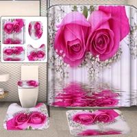 xueqin pink rose printed pattern 180x180cm shower curtain pedestal rug lid toilet cover mat non slip bath mat set bathroom