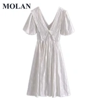 women white cotton embroidery fashion dress v neck puff short sleeve backless females 2021 new fold midi dresses vestidos 061808