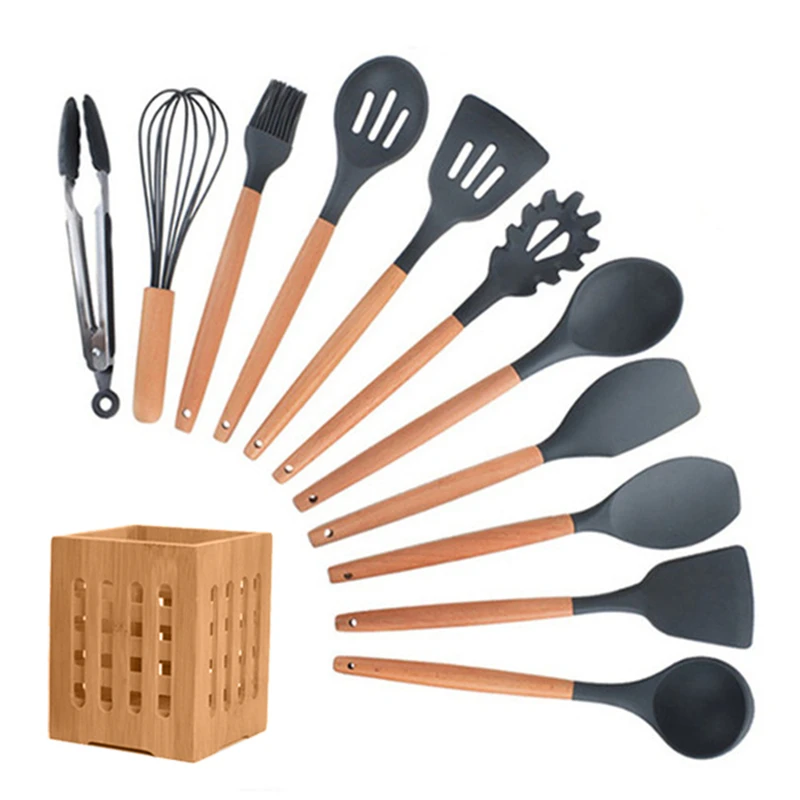12 Pcs Kitchen Set 8-12 шт., кухонный комплект Силиконовые Пособия по кулинарии посуда с антипригарным покрытием шпатель с деревянной ручкой с деревянный ящик для хранения Пособия по кулинарии инструменты Кухонные принадлежности - Цвет: 12 Pcs Kitchen Set