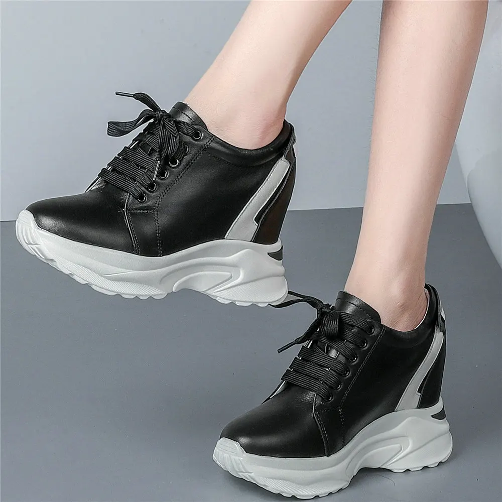 2021 Pumps Shoes Women Lace Up Genuine Leather Wedges High Heel Ankle Boots Female Round Toe Chunky Platform Fashion Sneakers