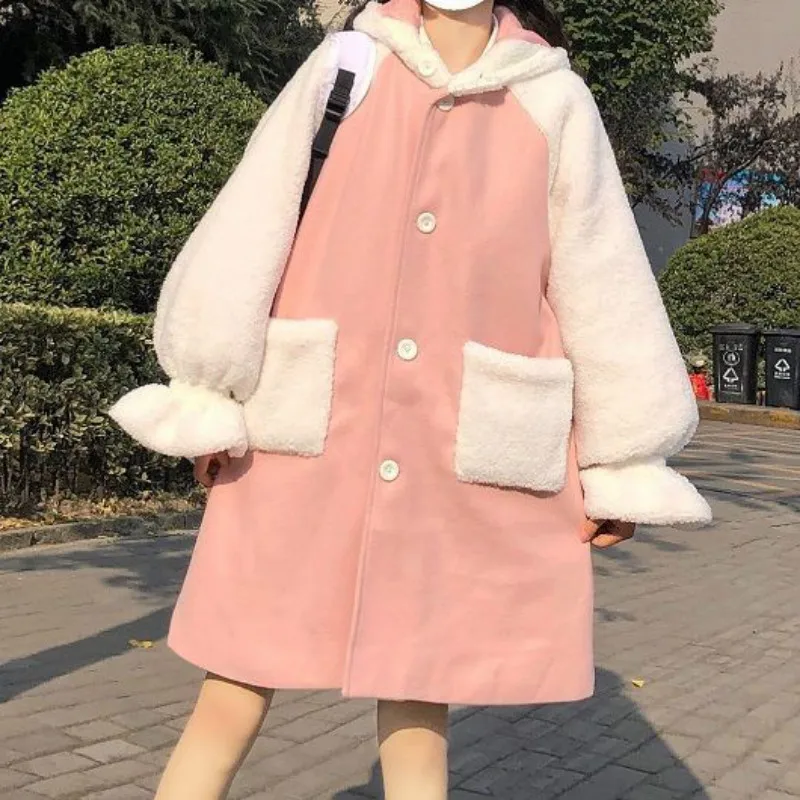 

Пальто женское, шерстяное, в японском стиле, с заячьими ушками, на осень/зиму, 2021