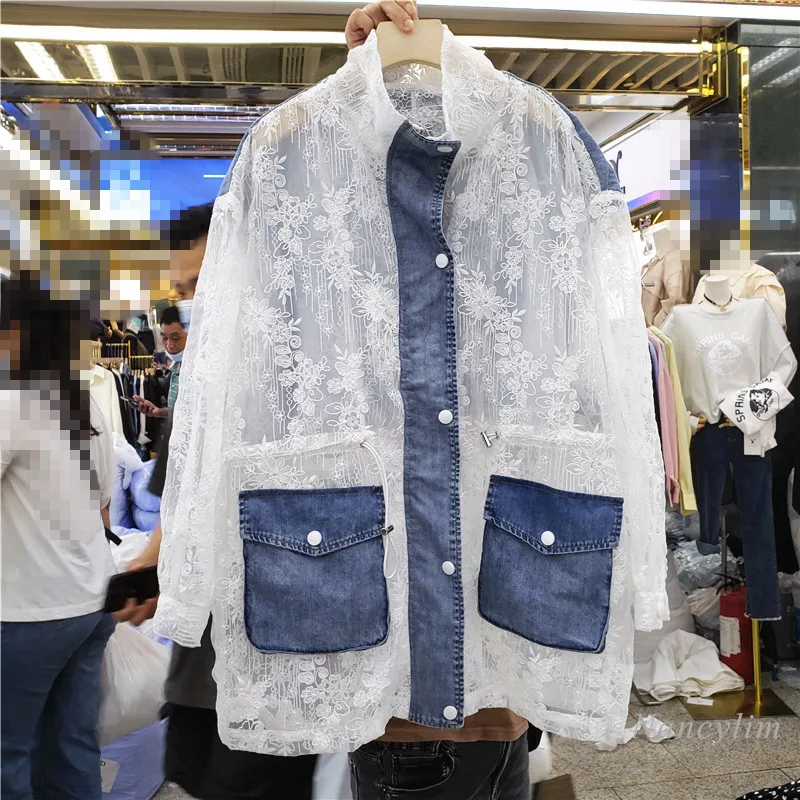 

Long Lace Jacket Women 2021 Summer New Mesh Embroidered Loose Stitching Denim Large Size Sun Protection Coat Girls Ladies