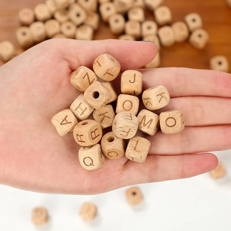 TYRY.HU 26pcs Full Set Wooden Alphabet Letter Beads Natural Wood 12mm Loose Beads For Making Baby Pacifier Chain DIY Accessories