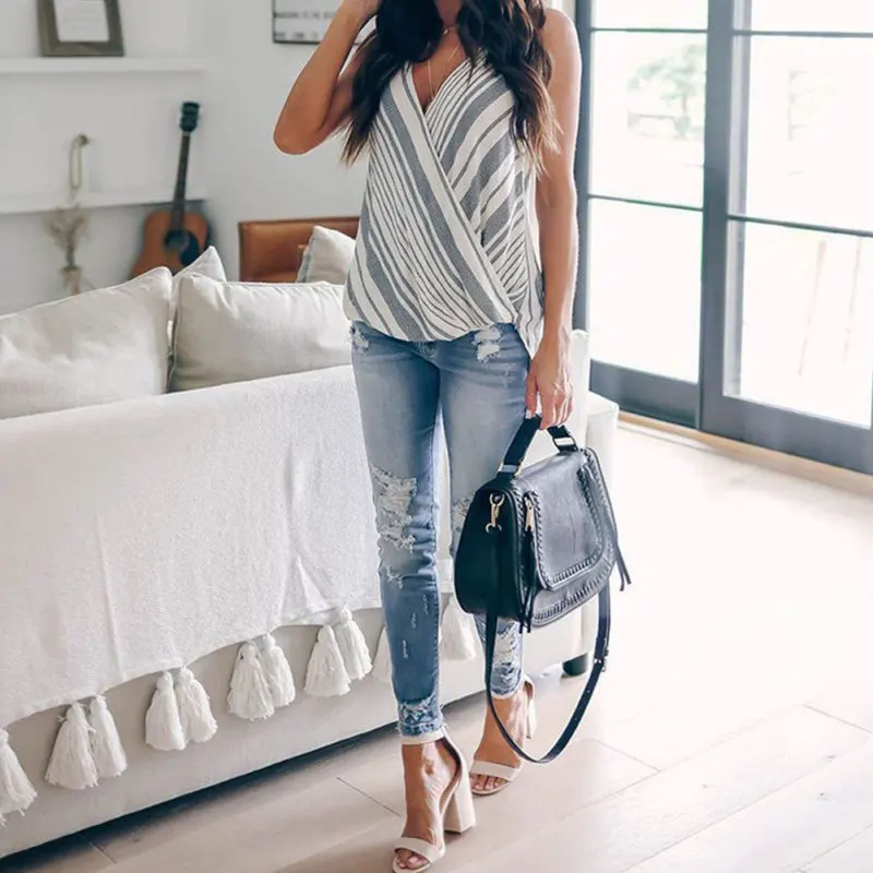 Women Sexy Sling Vest V-Neck Tops Casual Stripe Camisole Slim Sleeveless Summer Plus Size i | Женская одежда