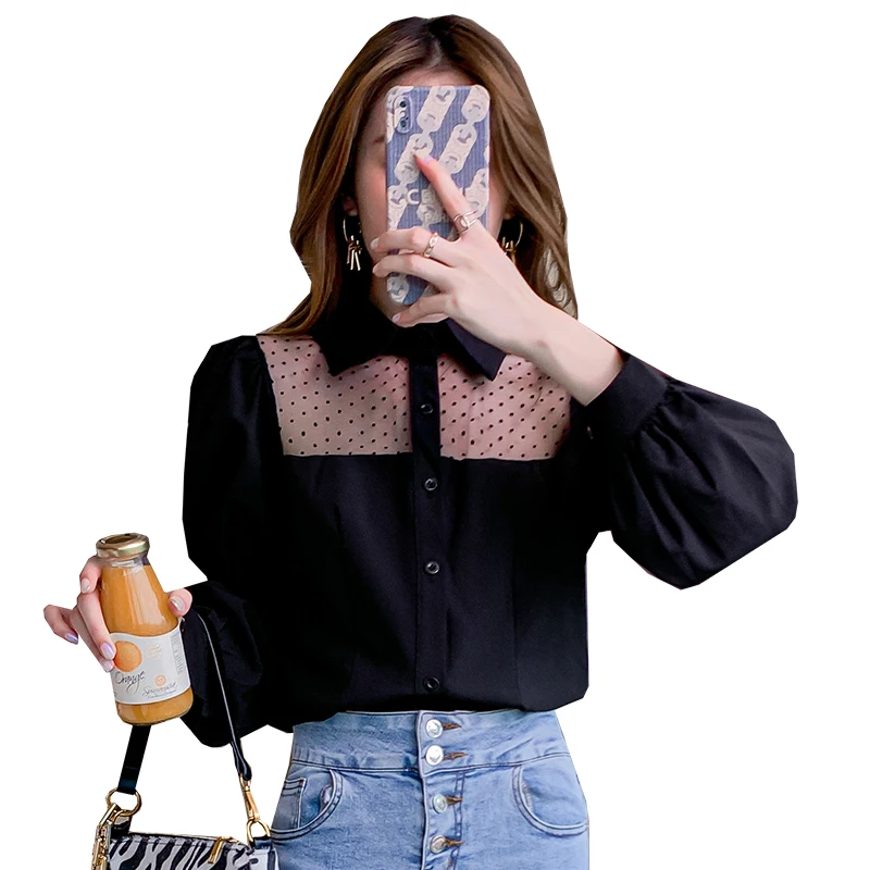 

2021 Autumn New Korean Long Sleeve Shirt for Women Sexy Lace Gauze Turn Down Collar Black Blouse Elegant Chic Female Blusa 15882