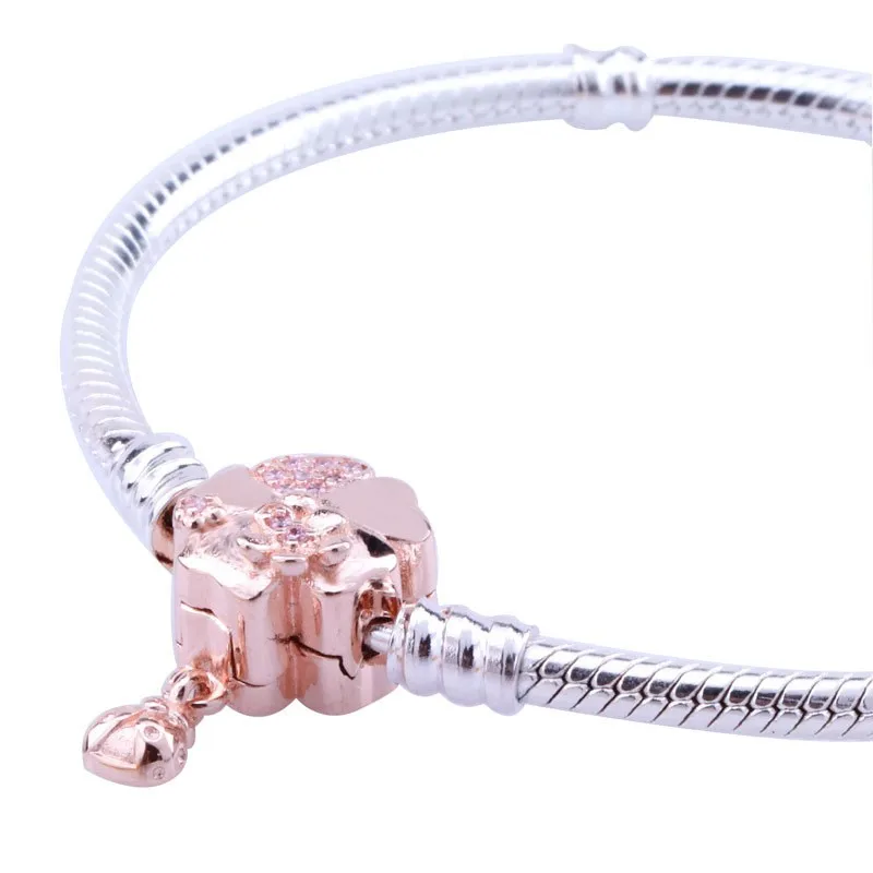 

925 Sterling Silver Pan Bracelet Shiny Rose Gold Ladybug Pendant Button Pan Bracelet Fit European Charm Bracelets Women Jewelry
