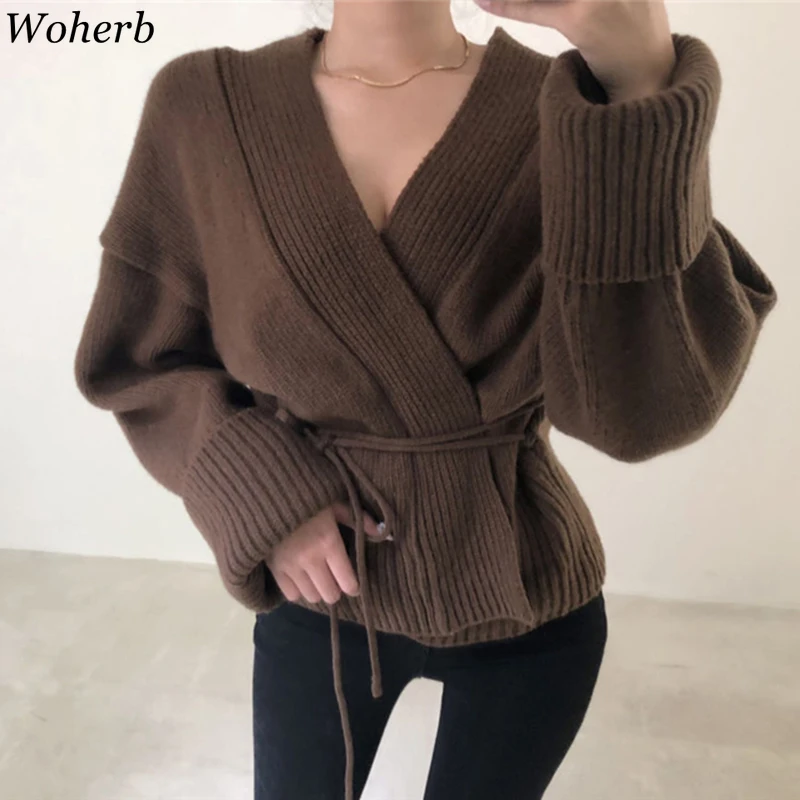 Woherb осенне-зимний вязаный кардиган женский свитер с завязками куртка Топ корейский элегантный сексуальный джемпер с запахом Вязанное пальто