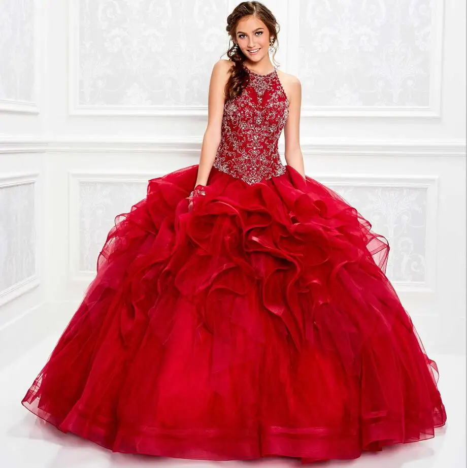 

Luxury Red Quinceanera Dresses Silver Beads Lace Up Ball Gown Prom Dress Tiered Skirts Vestido De Festa Sweet 16 Dress