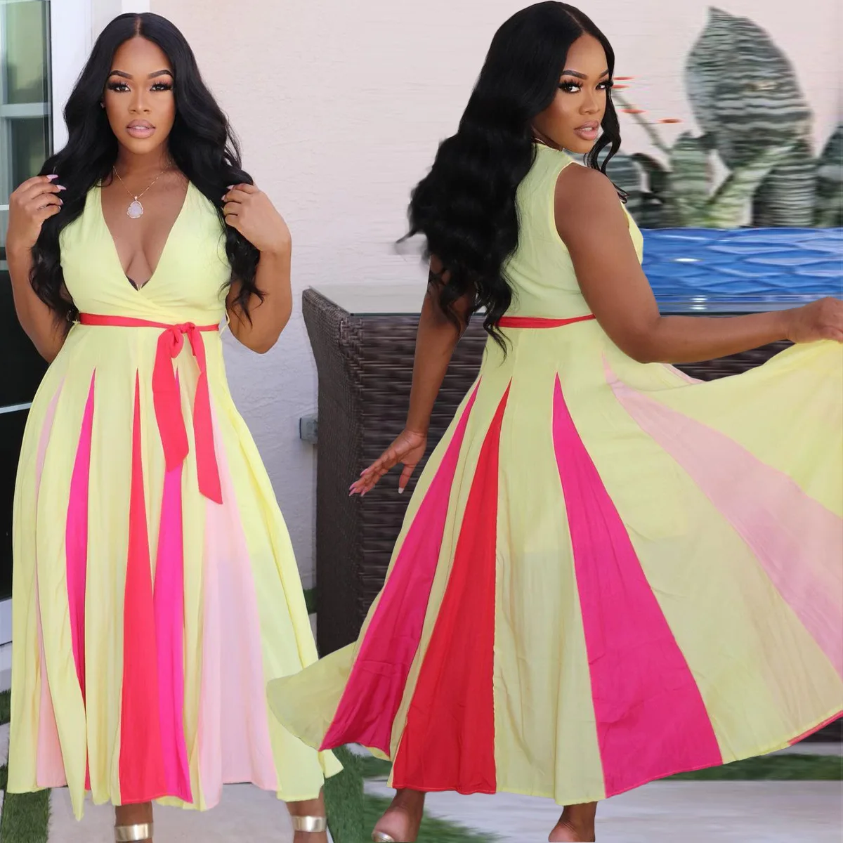 

Maxi Dresses for Women Summer 2021 Beach Patchwork V Neck Sleeveless Holiday Vintage Casual Streetwear Long Dresses Female 2021