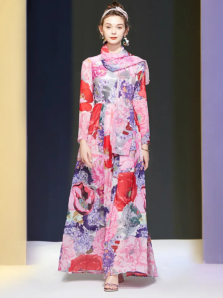 

2021 Autumn Elegant Chiffon Print Temperament Long Sleeve Party Long Dress for Women