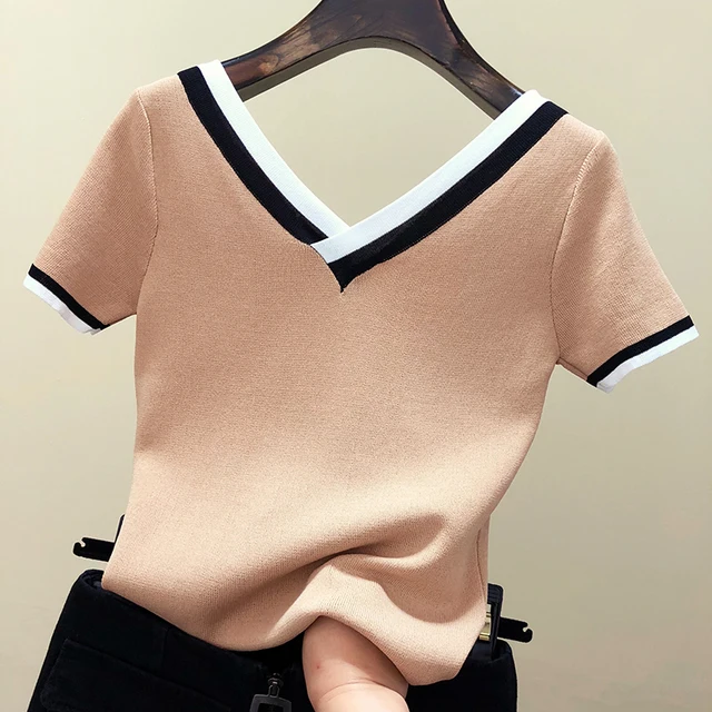 Decote em v camisa de manga curta feminina contraste cor listrado malha 2023 verão tops camisa roupas coreanas femme camisetas mujer 13362 4