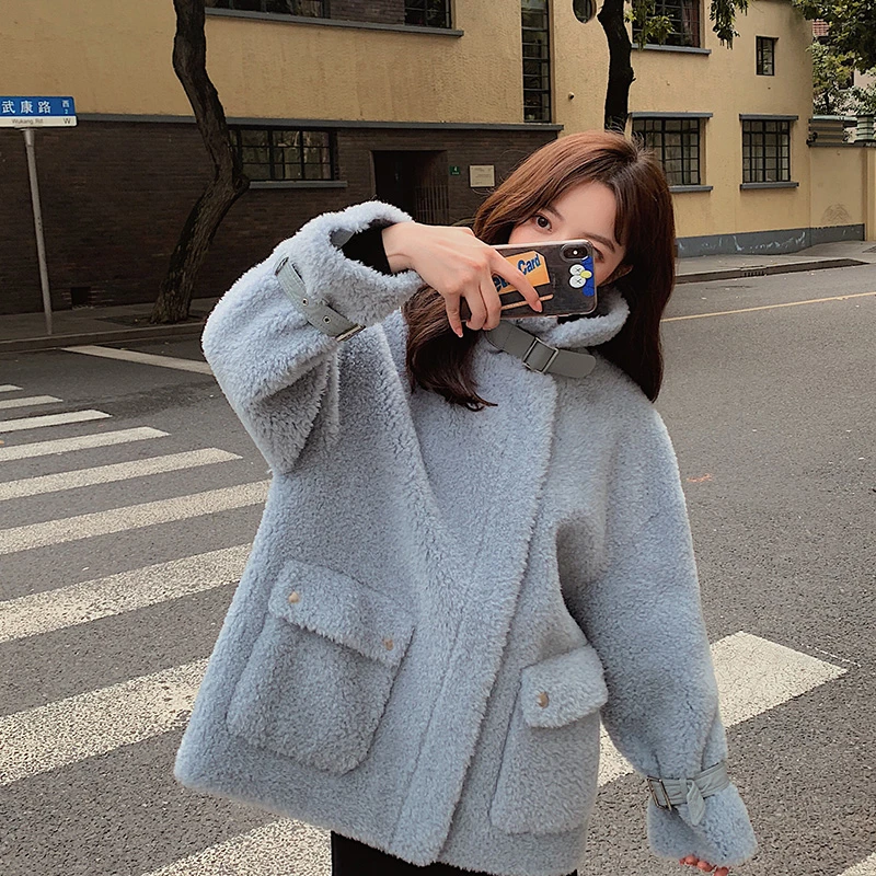 Осень зима 2020 новое корейское Синее Короткое пальто из овечьей шерсти свободное