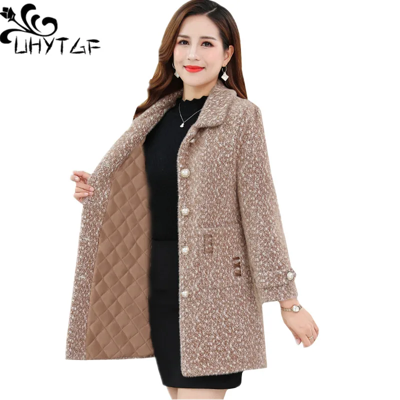 

UHYTGF Elegant Winter Coat Women Quality Mink Fleece Casual Warm Woolen Jacket Gold Velvet Thicken 5XL Big Size Outerwear 1105