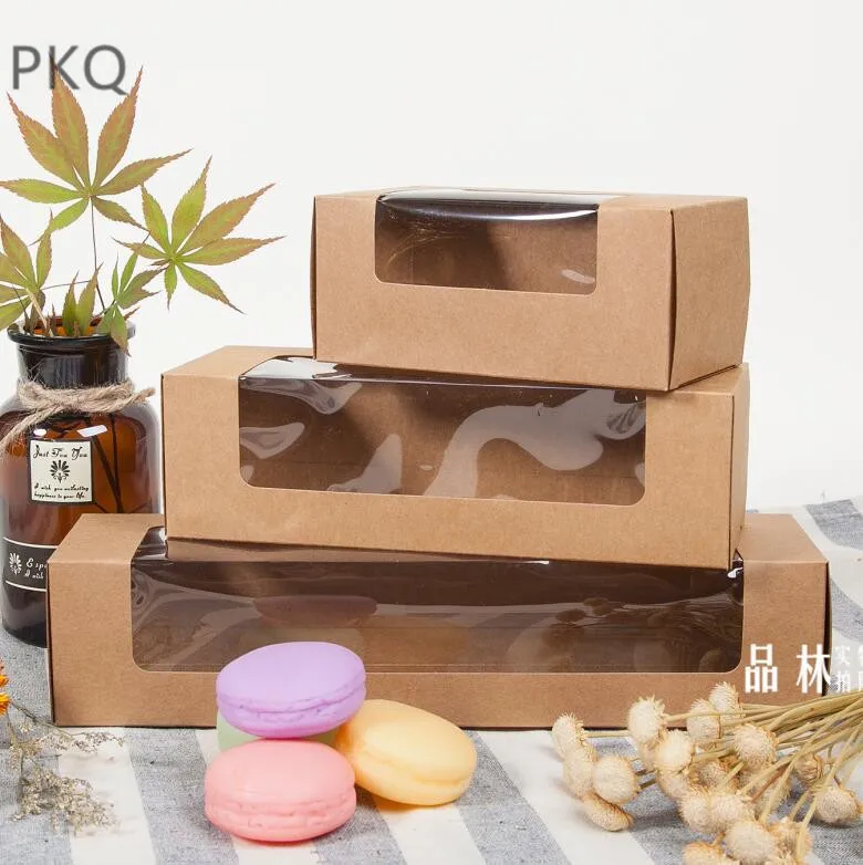 

50pcs Kraft paper Cupcake box plastic window,rectangle cardboard box for Macaron with window,Macaron packaging paper craft box