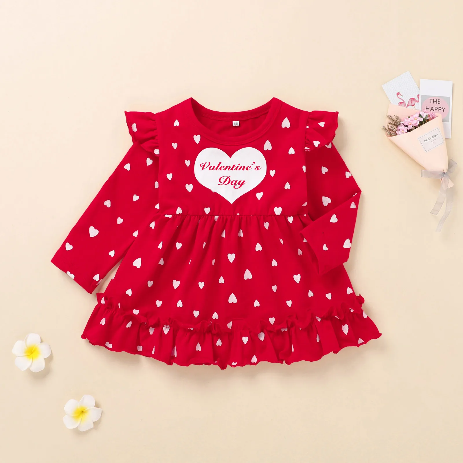 

Girls Dresses Valentine's Day Toddler Kids Girls Dress Letter Heart Print Ruffles Long Sleeve Knee Length A-Line Dress clothing