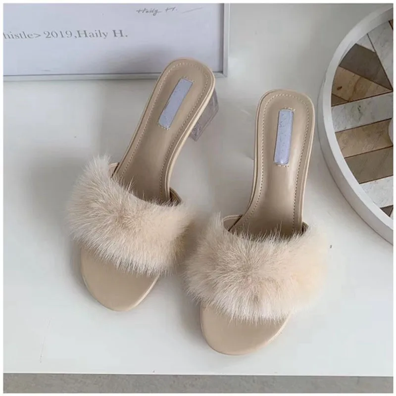 Женские босоножки с натуральным мехом сандалии из меха норки на квадратном